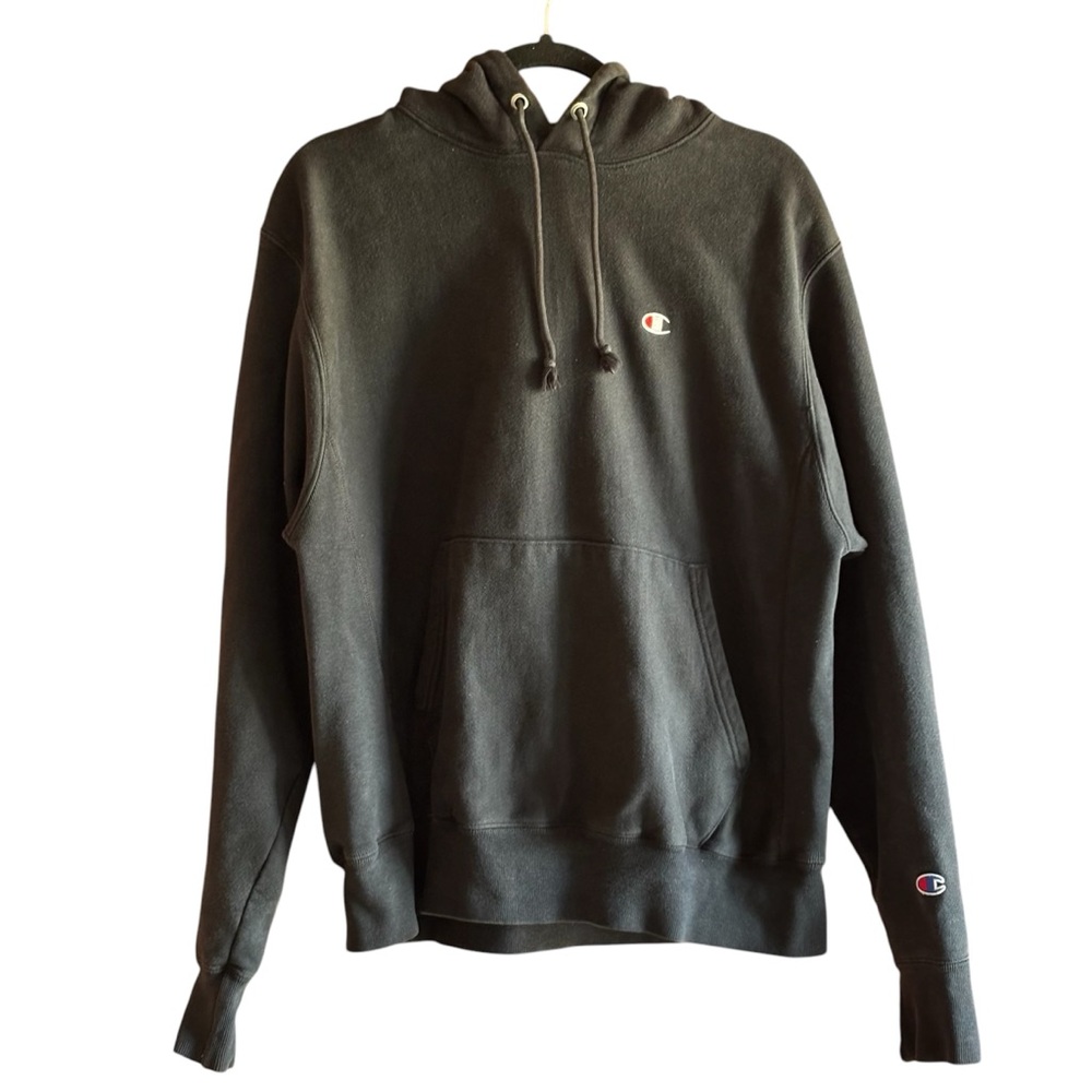 Champion Reverse Weave black pullover downstring hoodie size M logo